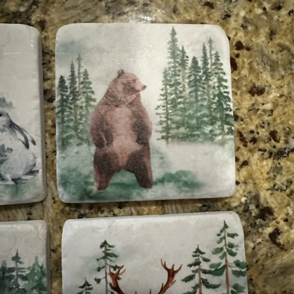 Vintage Forest Wildlife Ceramic Coaster Set - Bear, Elk, Fox, Rabbit